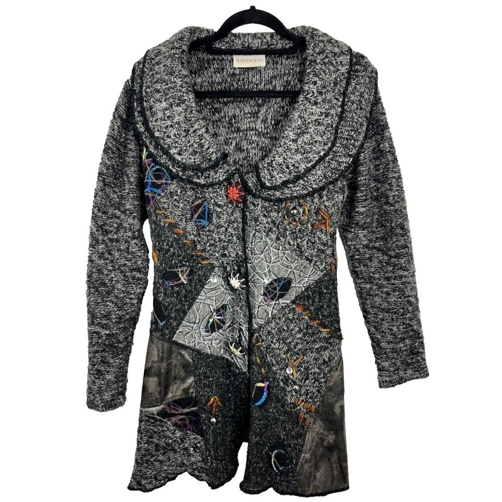 Romance Italy Wool-Blend Artsy Embellished Sweater Coat Women's Size M